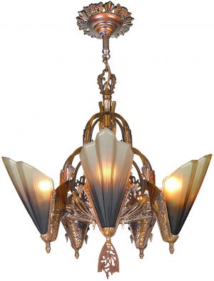 Solid Bronze Art Deco Slip Shade Chandelier by Mid-West Mnf. (ANT-1282)